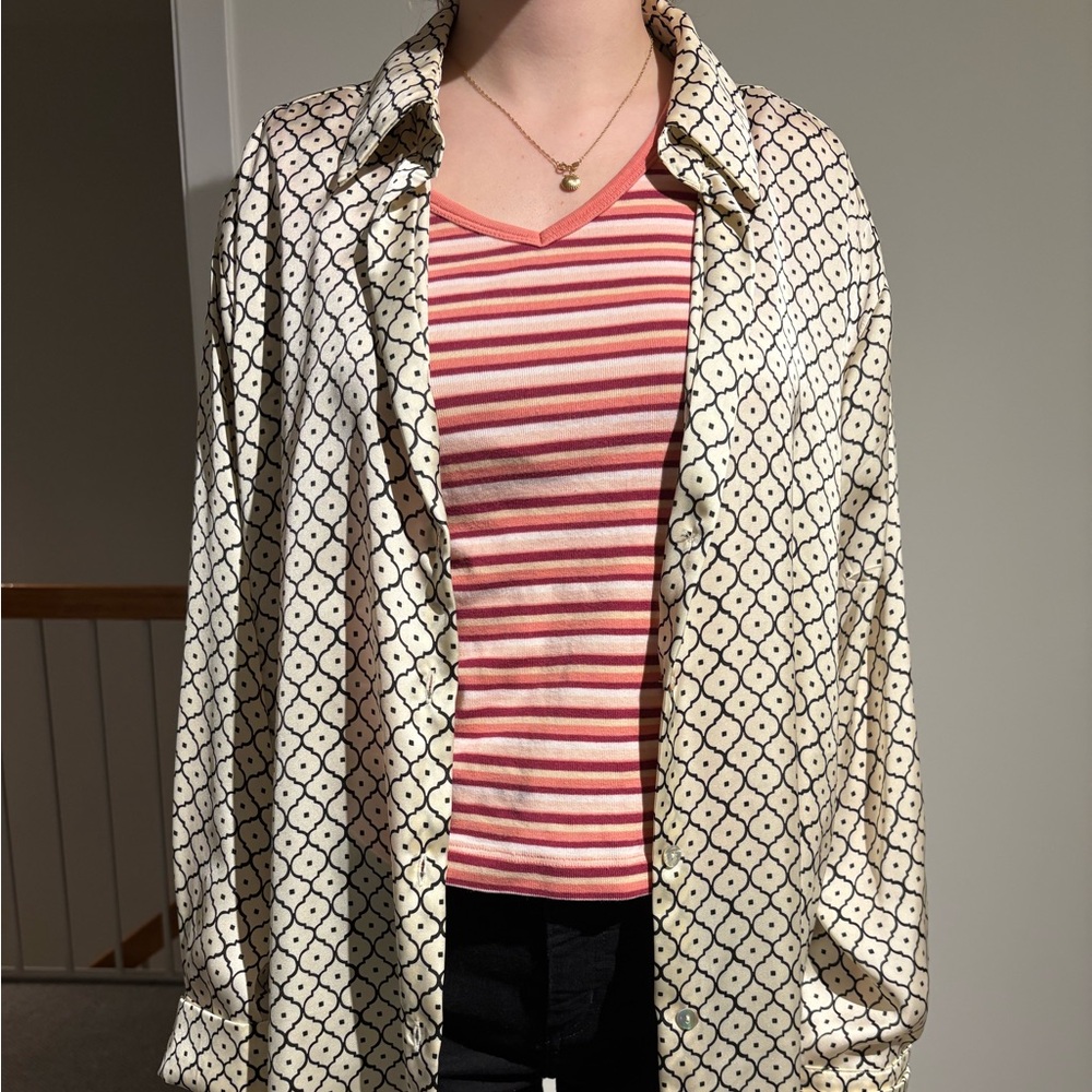 Zara Cream Geometric Longline Button-up Silk Shirt